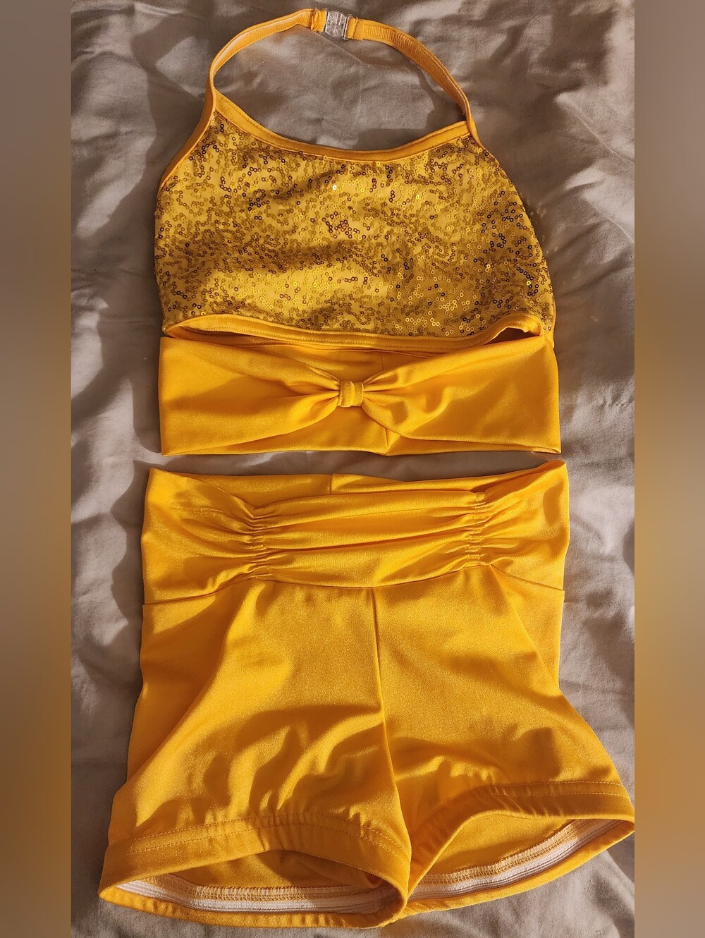 D.A. Designs Girls XL 12-14 Glittery Yellow Sequin 2 Piece Dance Set